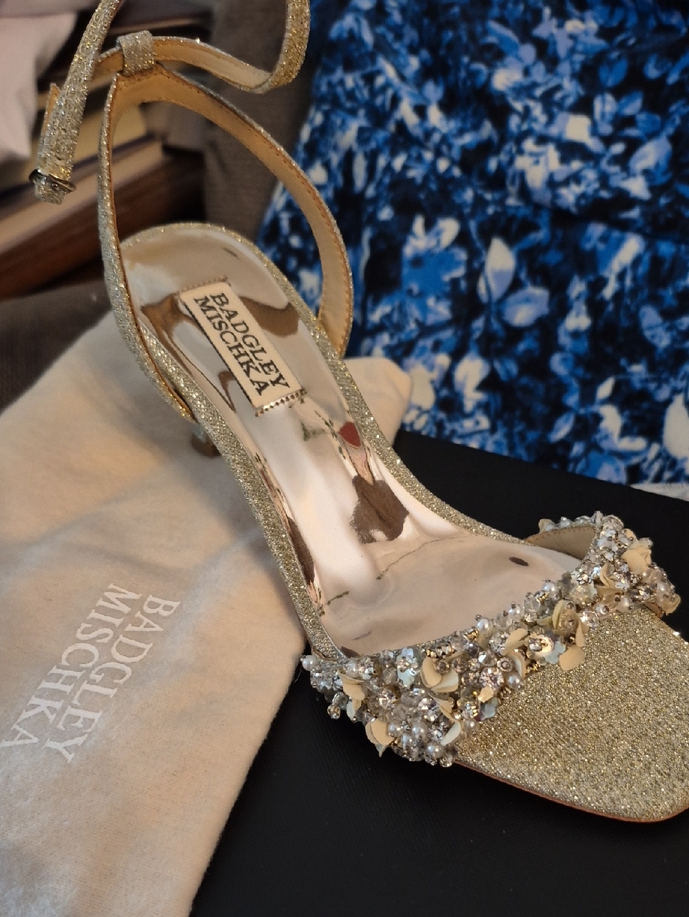 Badgley Mischka Gold Crystal Floral Ankle-Strap Heels